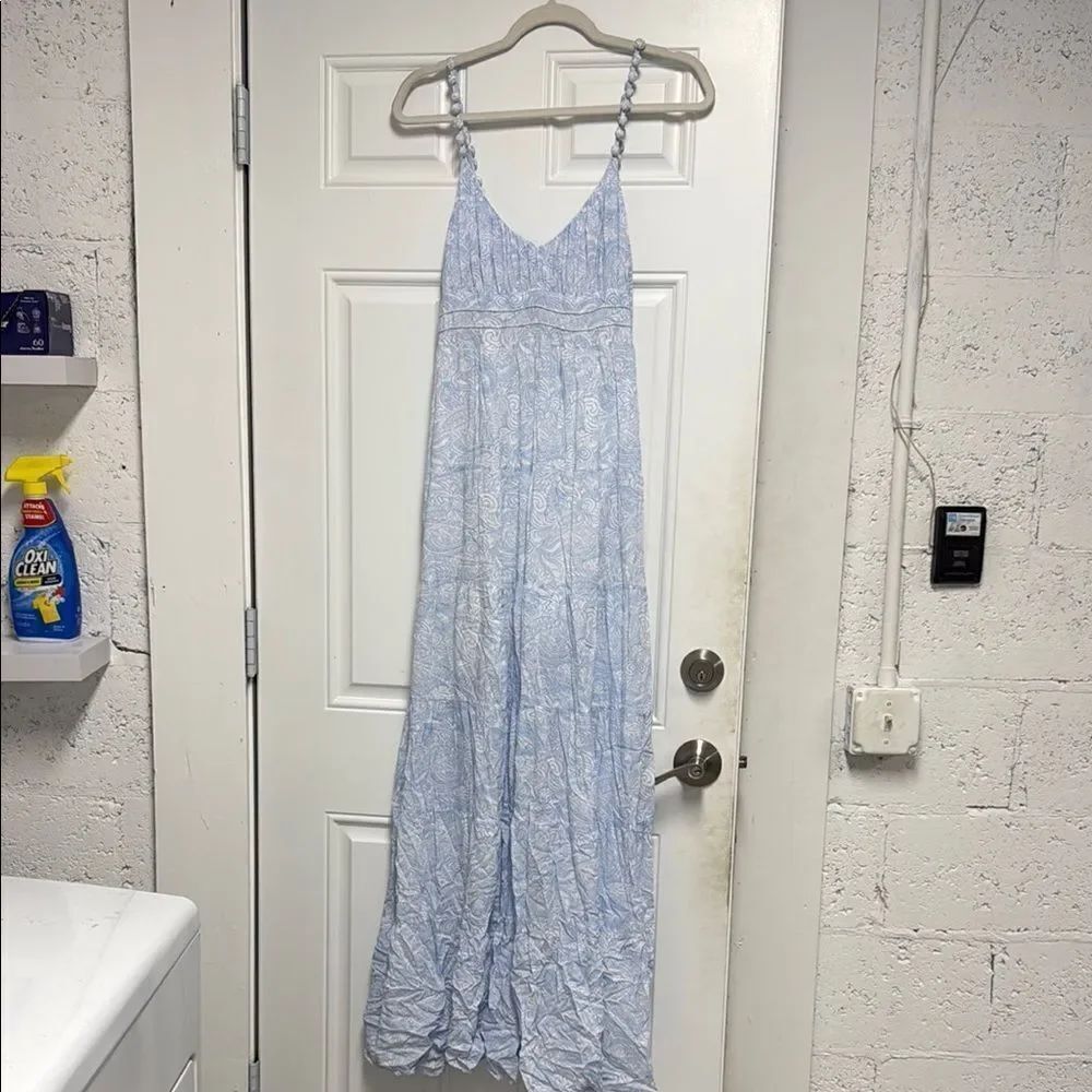 Light Blue Maxi Dress with Beautiful Pom Pom Detail Embroidery on Straps - NWOT